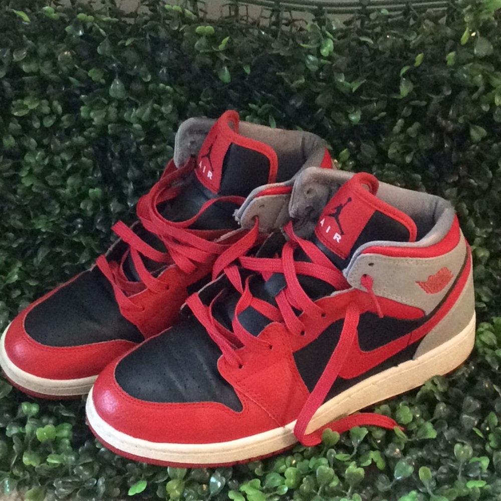 Red, black, white, and gray Jordan Ones